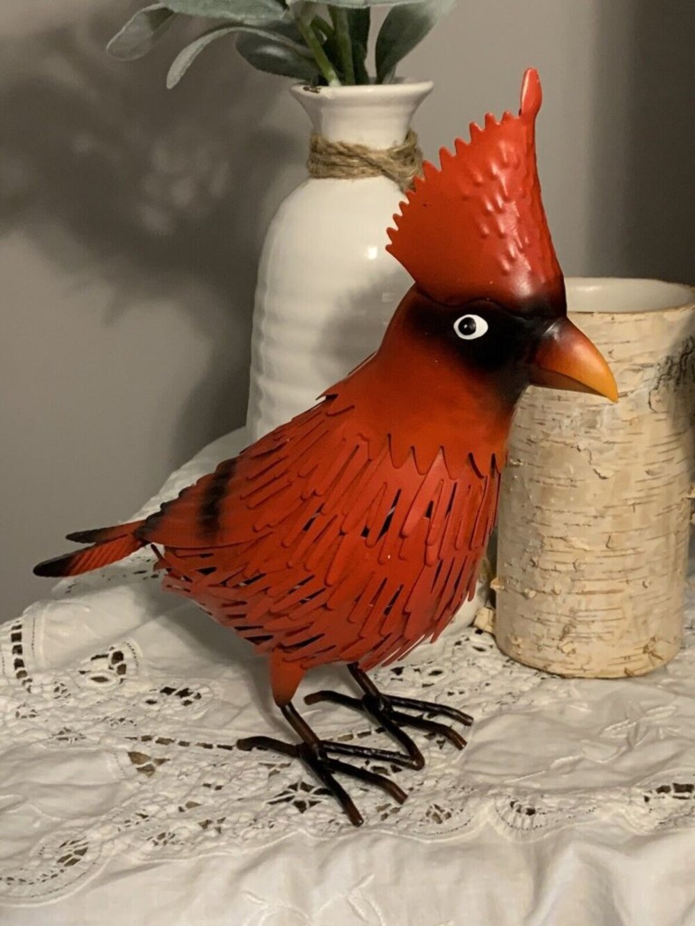 Metal Cardinal Bird Statue w/ Rustic Cut-Out Feathers Crowned Crest Red Bird S4